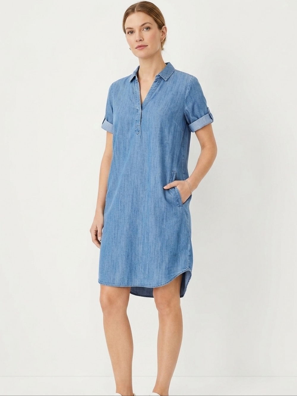 LOFT Petite LP Blue Lyocell Chambray Shift Dress Roll Tab Sleeves Pockets